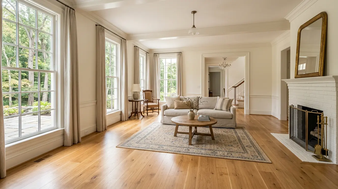 Sunlit living room with refinished wide-plank white oak floors