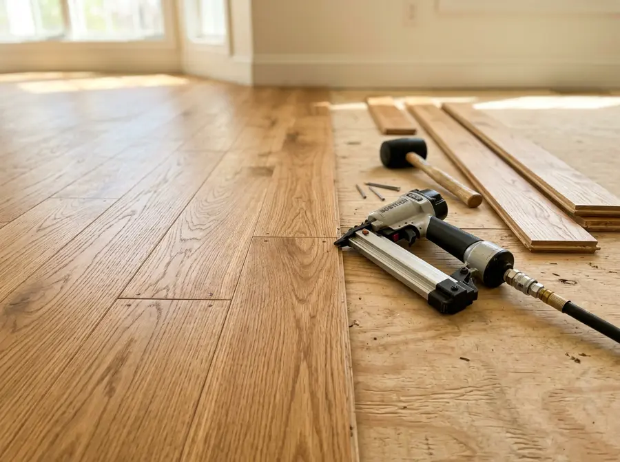 New oak hardwood planks being nailed down over a plywood subfloor