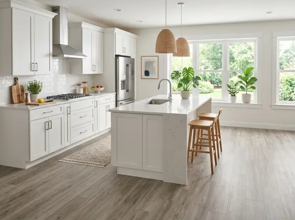 Waterproof gray luxury vinyl plank flooring in a white kitchen