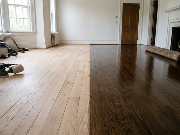 Hardwood floor half sanded and half refinished with a dark walnut stain